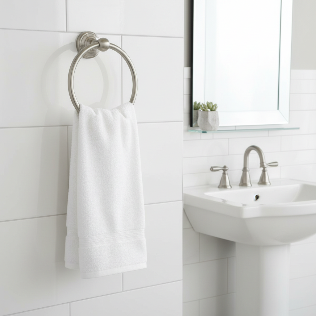 White cotton hand towel draped over Redmond brushed nickel towel ring in bright modern bathroom – More4less Outlet
