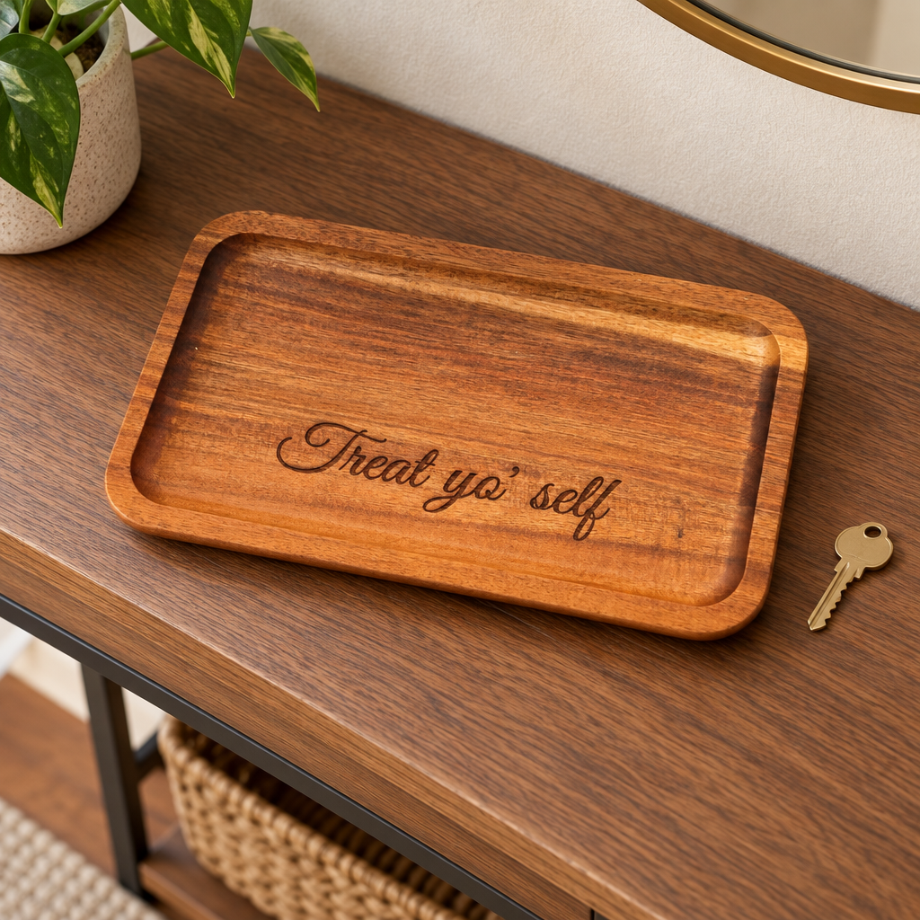 Treat Yo' Self engraved wood tray on an entryway table with a key nearby