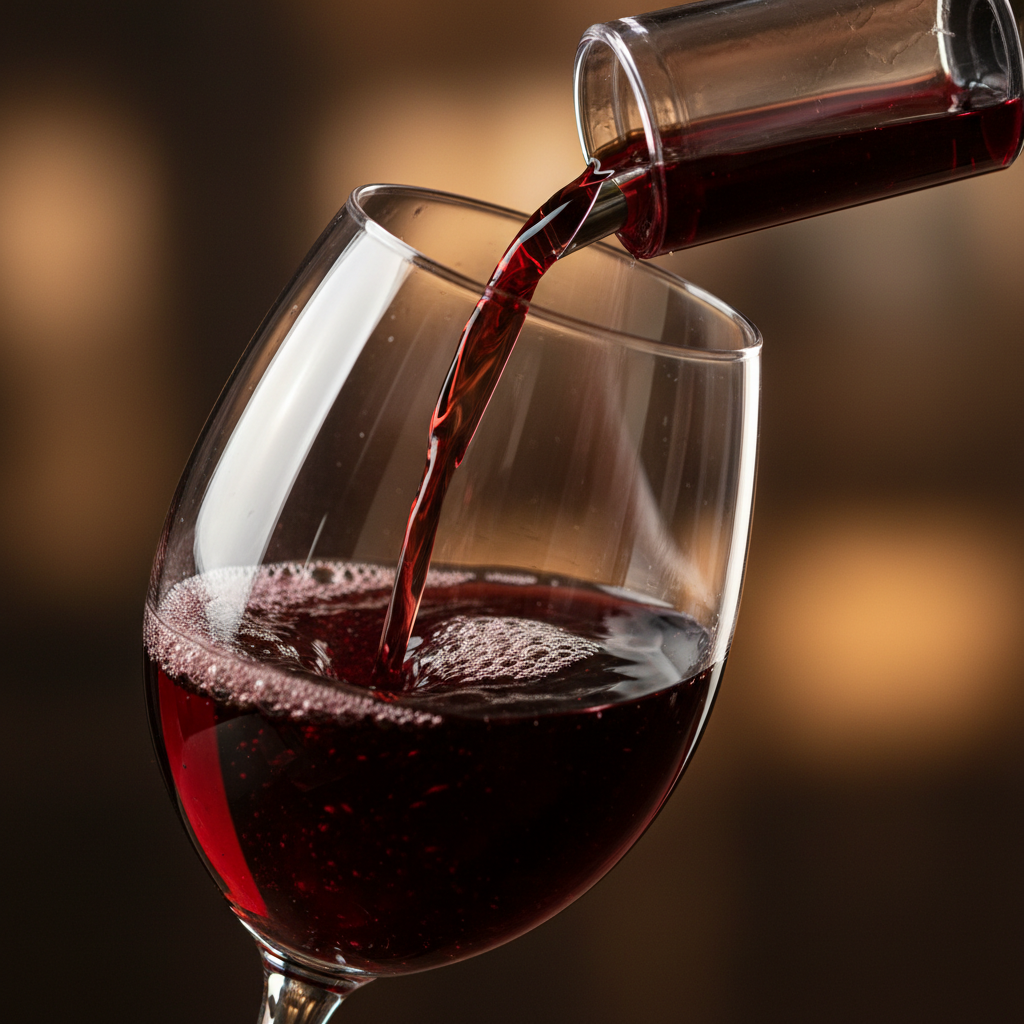 Close-up of red wine swirling through clear inline aerator spout into stemmed wine glass
