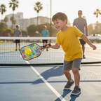 Franklin Sports junior pickleball paddle fruit design child playing outdoor court sunny action lifestyle kids sports - More4less Outlet