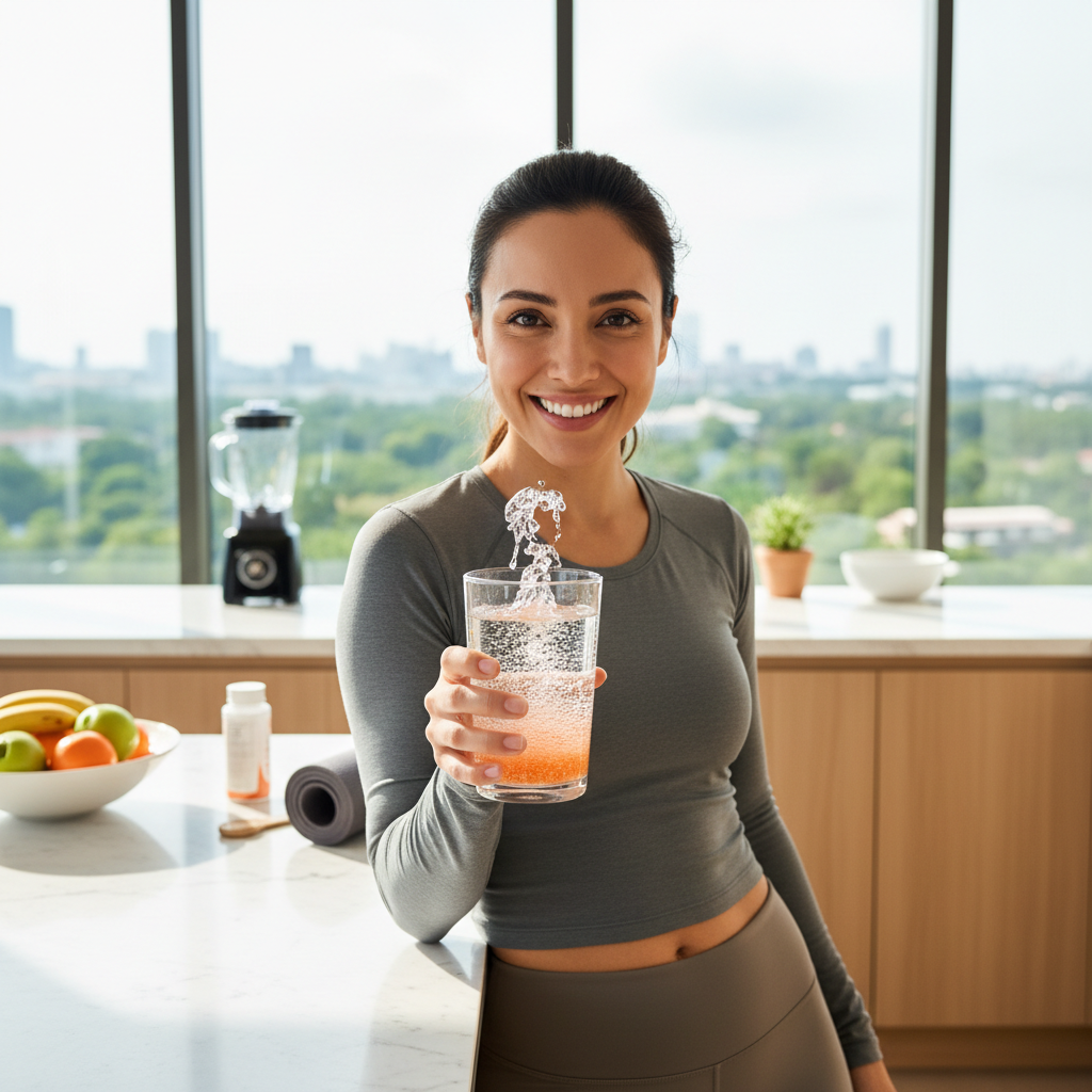 Woman smiling and taking a supplement tablet with a glass of water in a bright kitchen