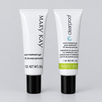 Mary Kay Acne Treatment Gel 5% tubes in classic and Clear Proof packaging on gray background