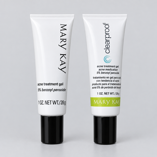 Mary Kay Acne Treatment Gel 5% tubes in classic and Clear Proof packaging on gray background