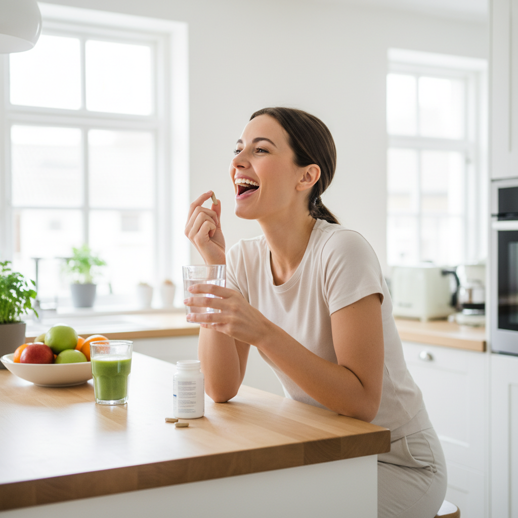 Energetic woman smiling and taking a multivitamin with a glass of water in a bright kitchen