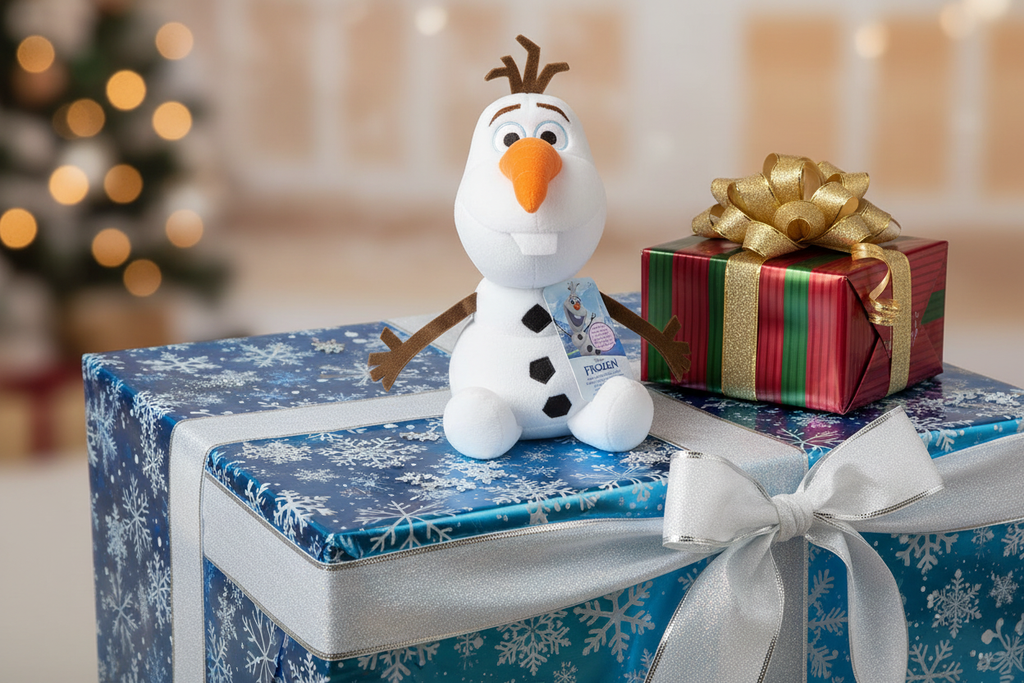 Disney Frozen Olaf Laugh Shake Shimmy interactive plush on festive gift table with snowflake decor – More4less Outlet