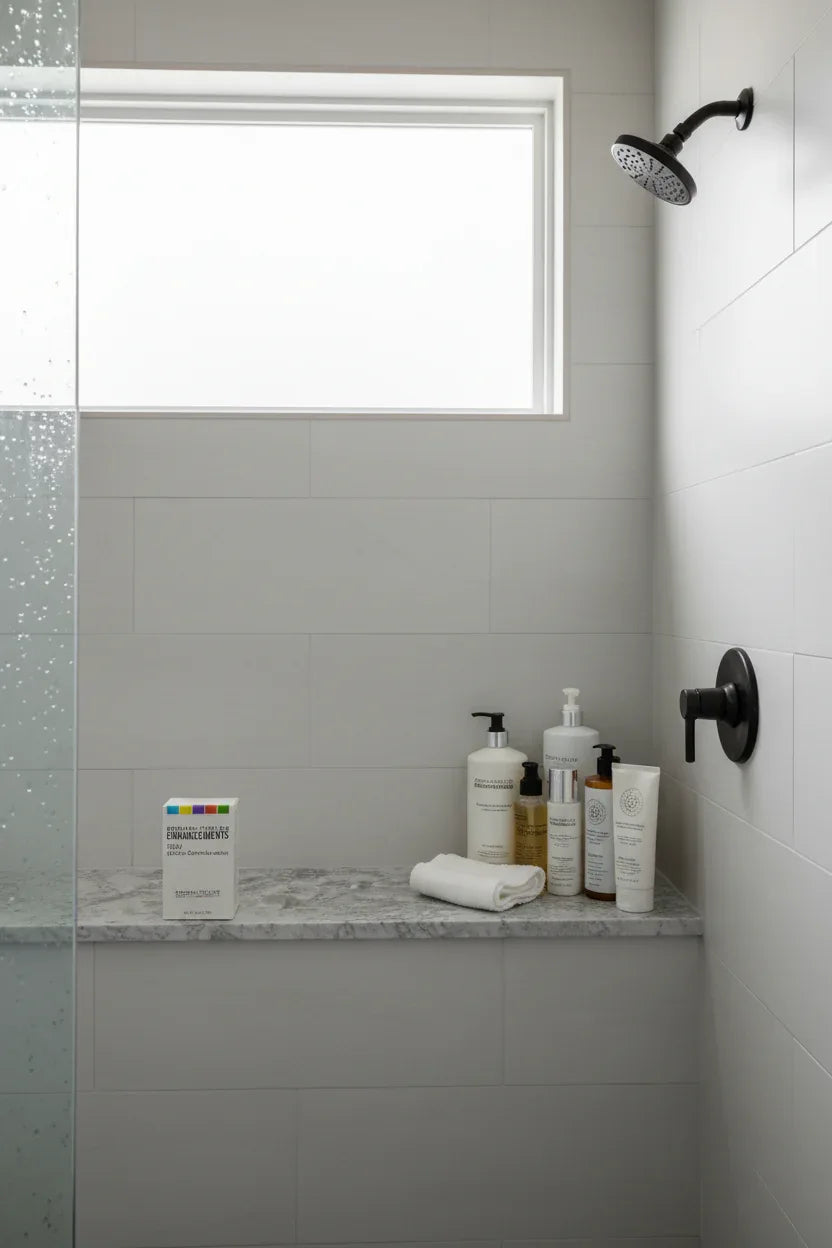 Rodan + Fields Body Micro-Dermabrasion on organized modern walk-in shower ledge with natural daylight