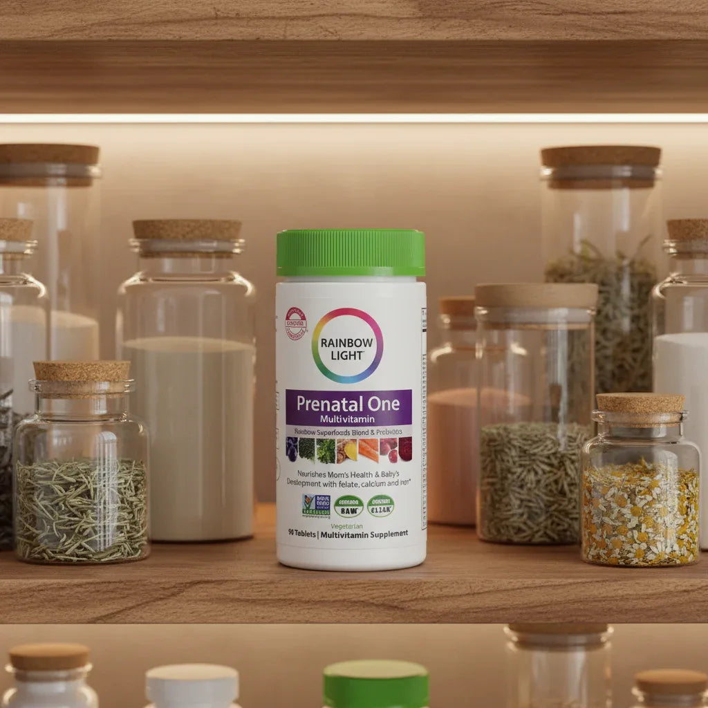 Rainbow Light Prenatal One Multivitamin bottle inside organized home wellness closet with wooden shelves and apothecary containers with soft backlighting