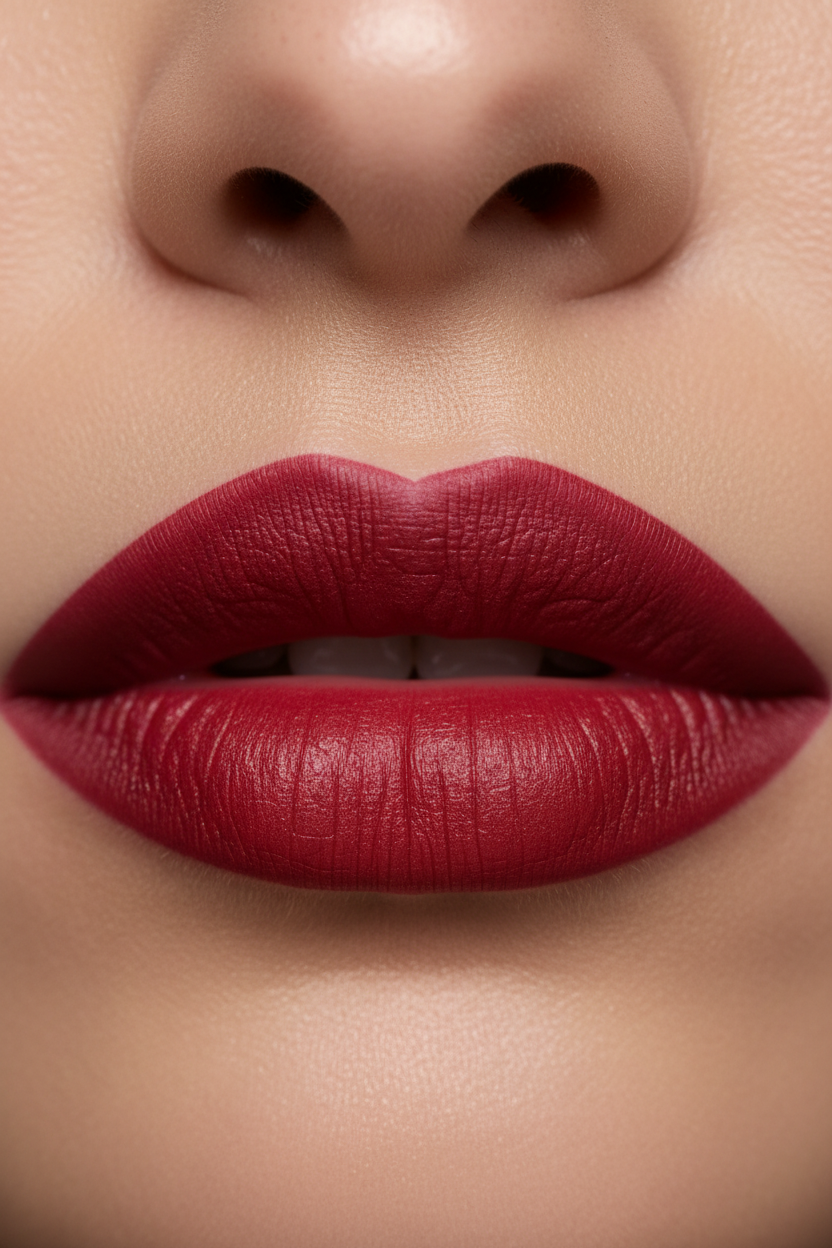 Close-up of woman's lips wearing rich deep ruby red semi-matte lipstick – studio beauty photography