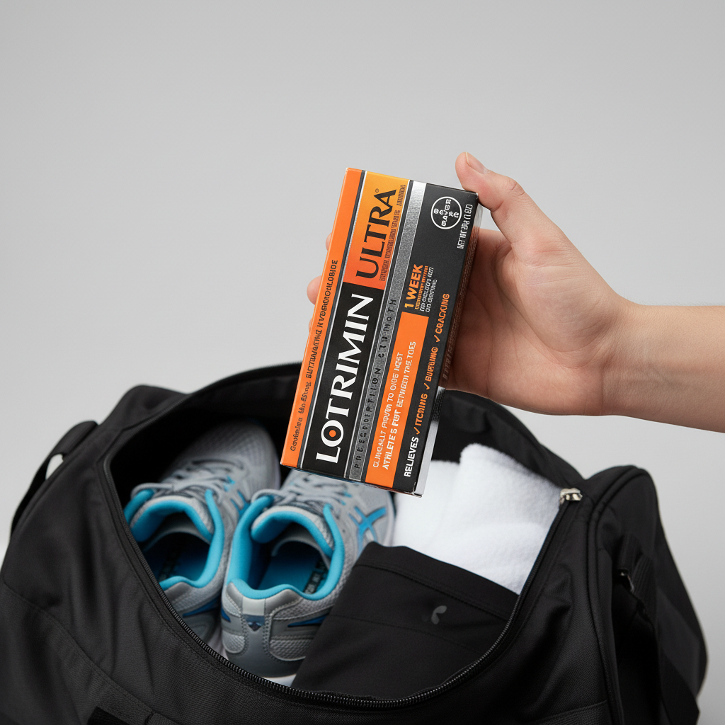 Lotrimin Ultra Athlete's Foot Cream box held in hand over gym bag with athletic gear