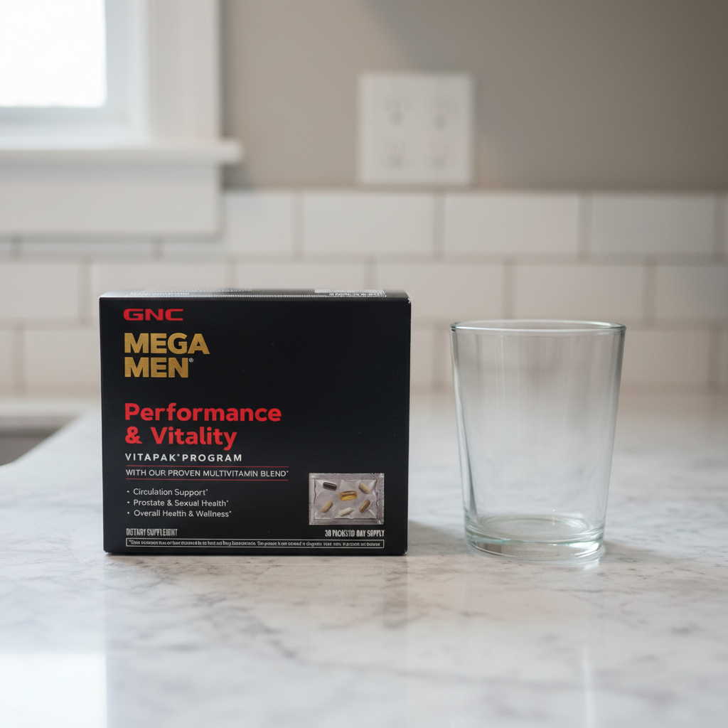 AI-generated contextual image of GNC Mega Men Performance & Vitality Vitapak Program 30-pack box beside a plain glass of water on a kitchen counter