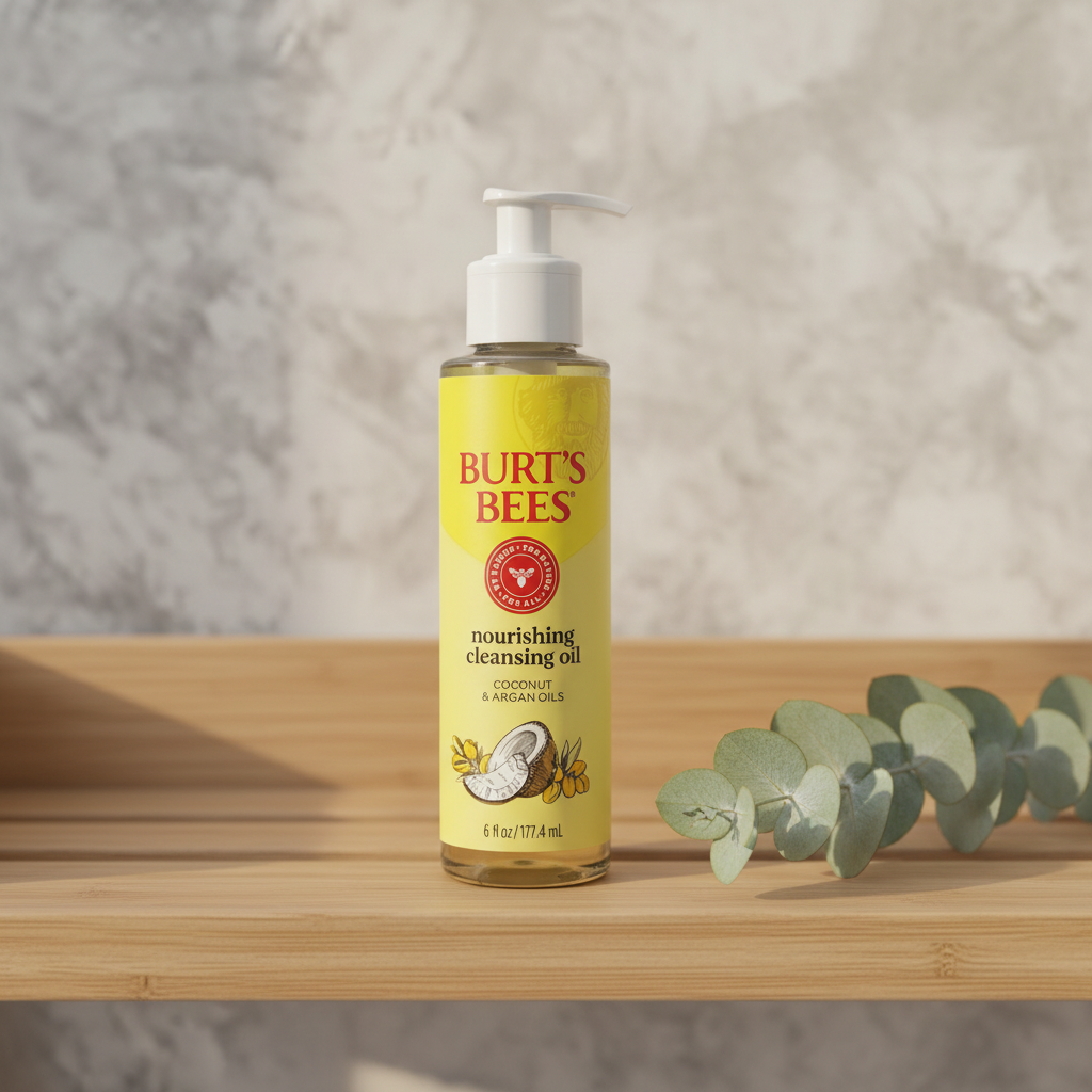 Burt's Bees Nourishing Cleansing Oil on bamboo bathroom shelf with fresh eucalyptus sprig in spa setting