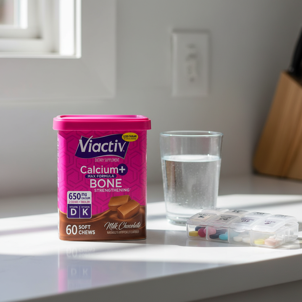 Viactiv Calcium+ Max Formula 60 soft chews on a kitchen countertop next to a glass of water and vitamin organizer