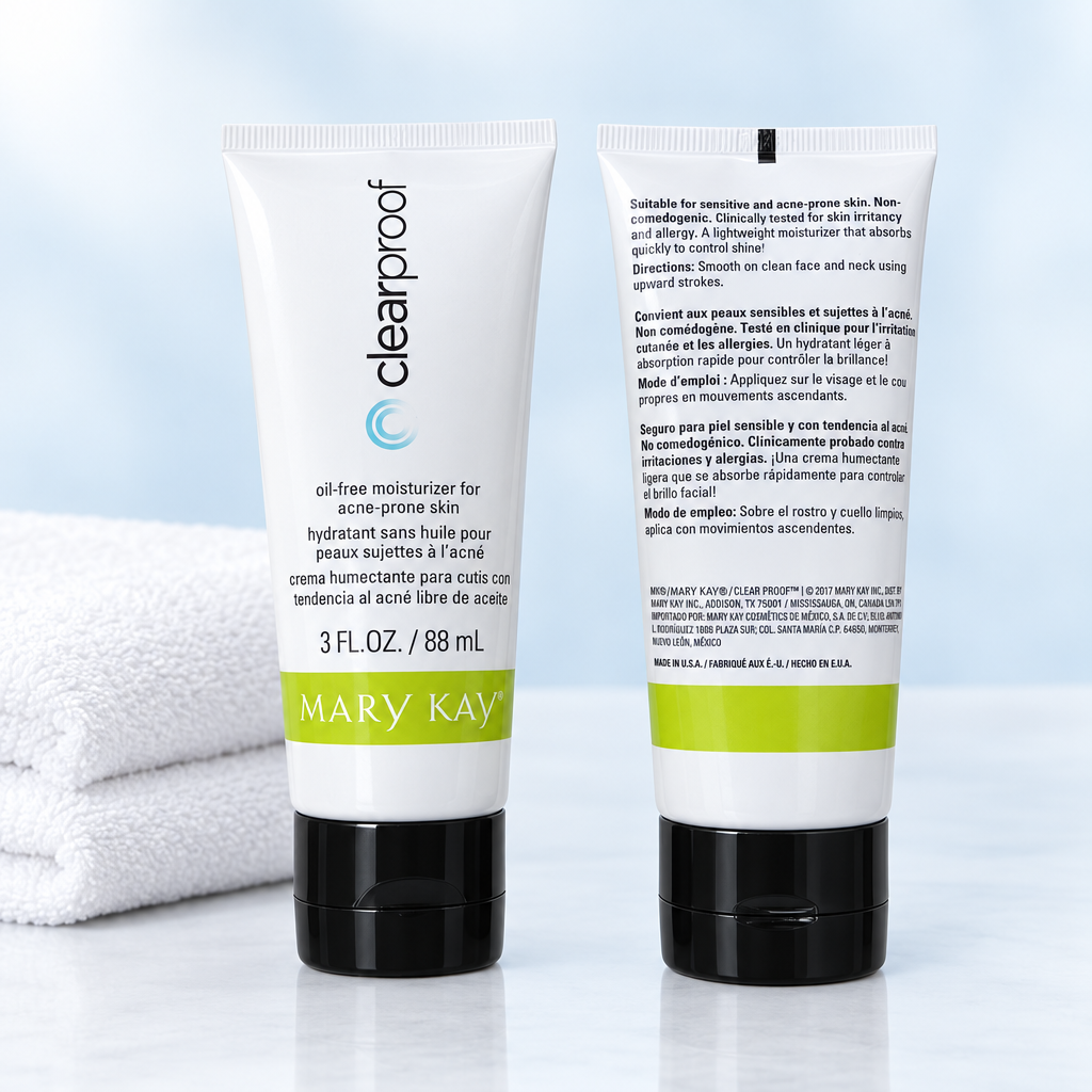 Two Mary Kay Clear Proof Oil-Free Moisturizer tubes standing beside a folded white towel