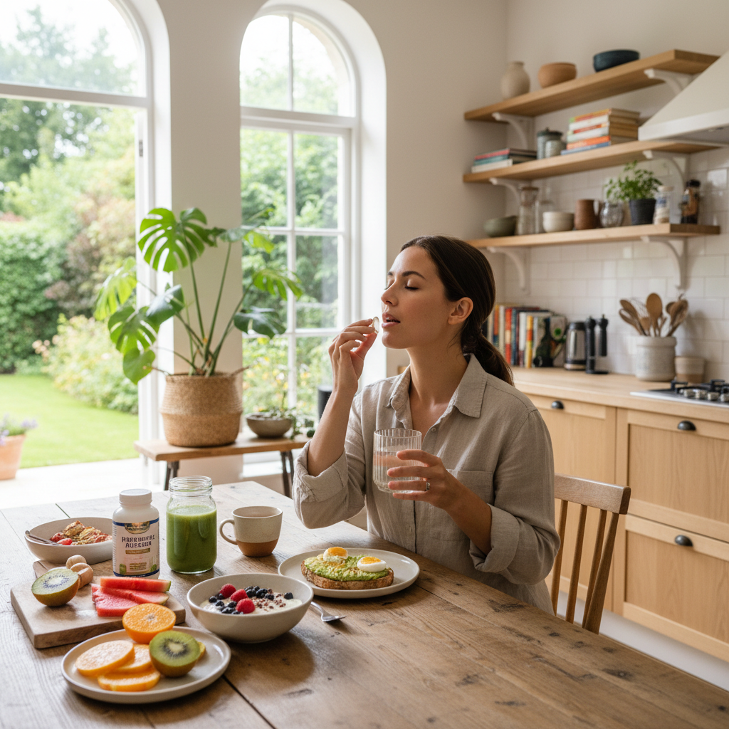 Person sitting at a dining table taking a digestive enzyme capsule with a glass of water and healthy food in the background