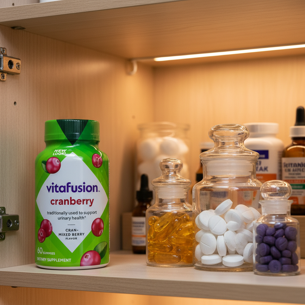 Vitafusion Cranberry Gummies bottle inside organized family health cupboard with high-transparency apothecary containers and soft interior shelf lighting