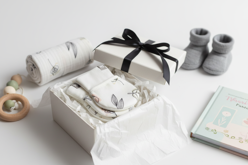 Goumi Kids organic baby mitts displayed as baby shower gift in gift box with ribbon – More4less Outlet