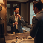 Lifestyle image - well-dressed man in dark suit applying cologne at bathroom mirror, moody evening lighting editorial scene for visual context only