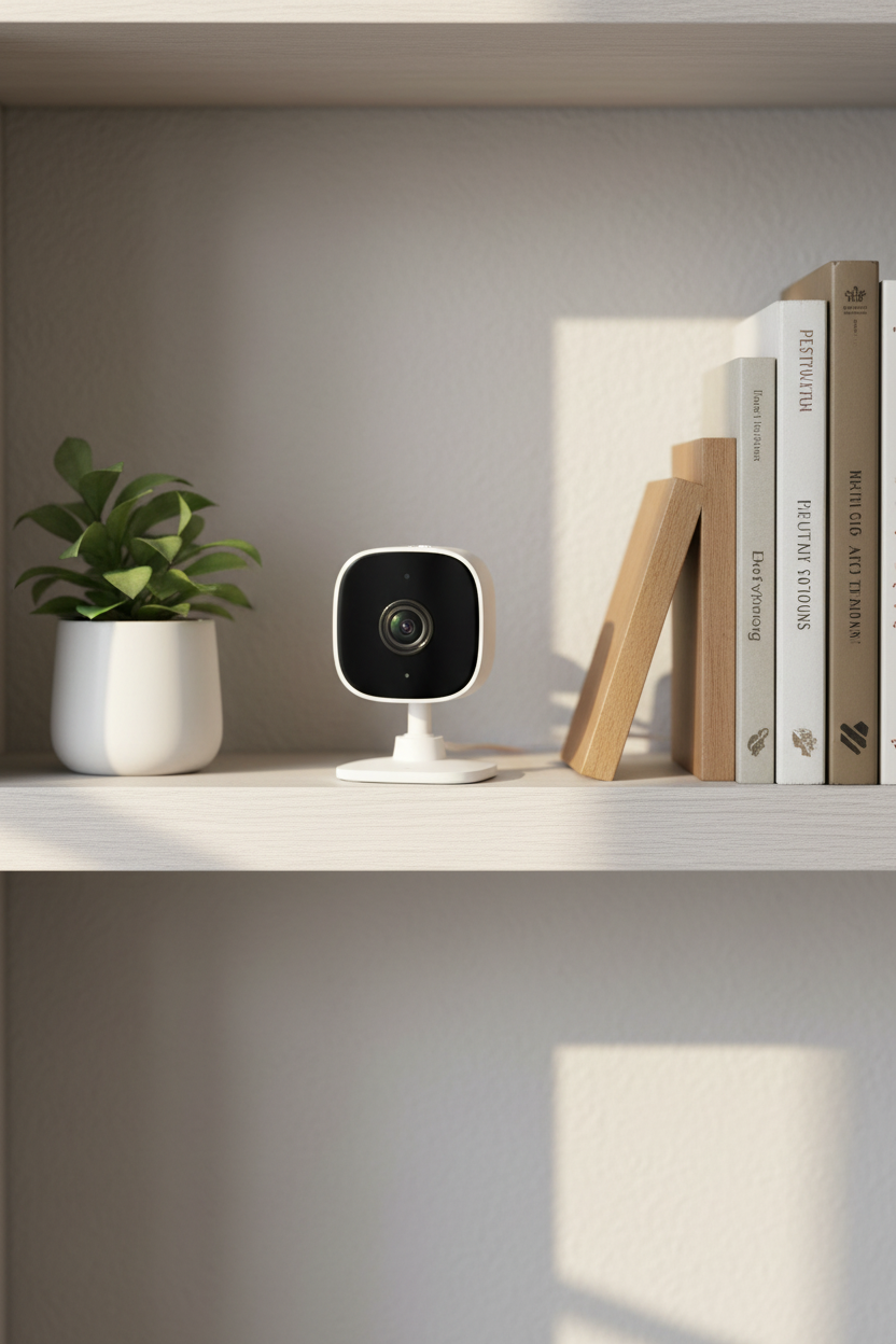 Kasa Spot EC60 security camera on white-oak living room shelf next to houseplant and bookends smart home lifestyle