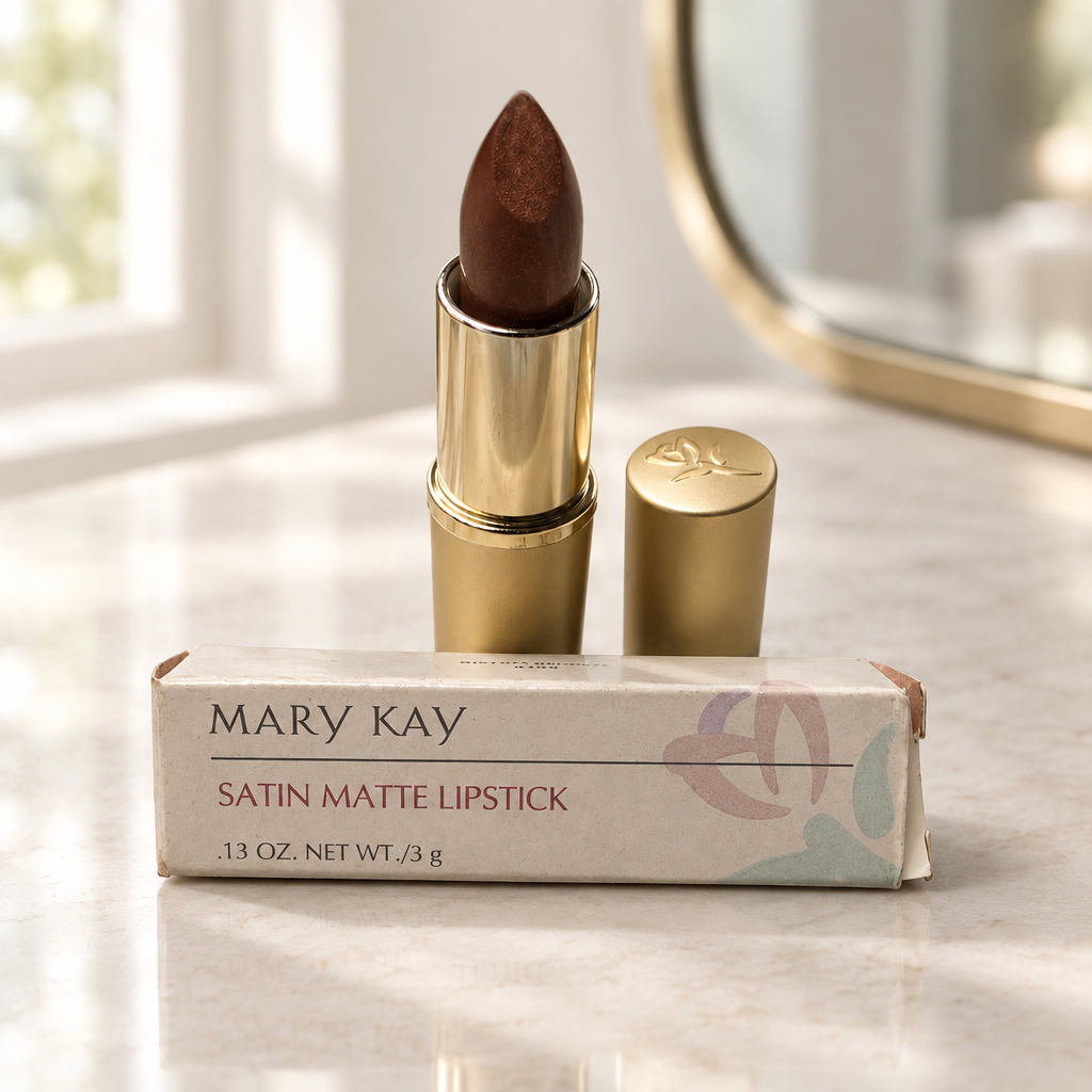 Mary Kay Bistro Bronze 4199 lipstick with original box on a bright vanity
