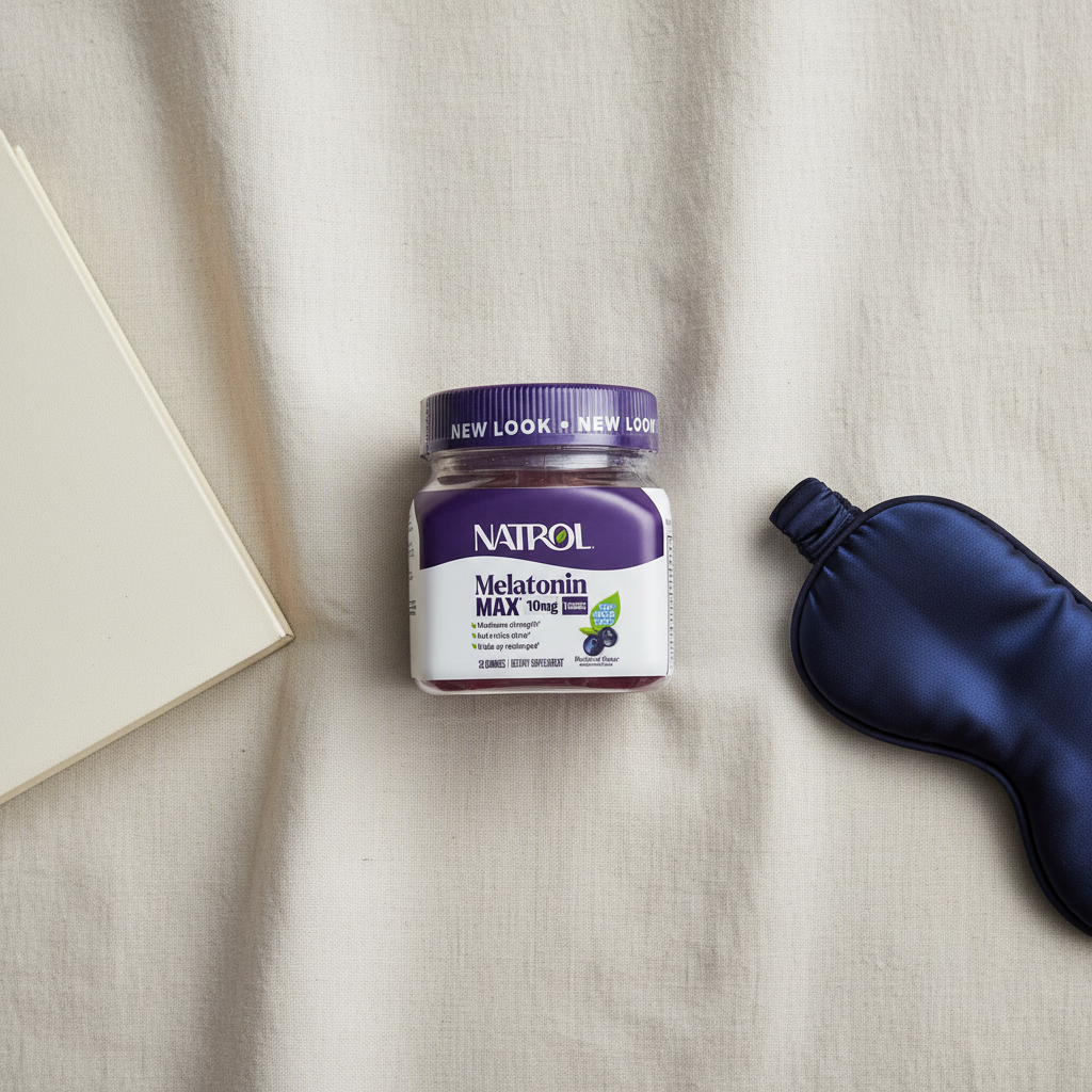 Natrol Melatonin MAX 10mg overhead shot on soft linen bedsheet with sleep mask and closed hardcover book