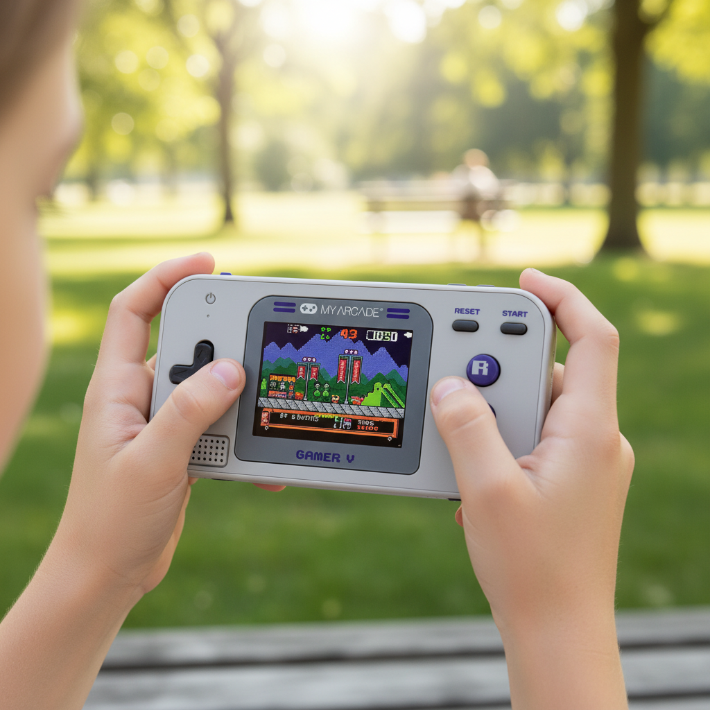 My Arcade Gamer V Classic handheld gaming system held by a kid playing retro games outdoors on a sunny day — More4less Outlet lifestyle image