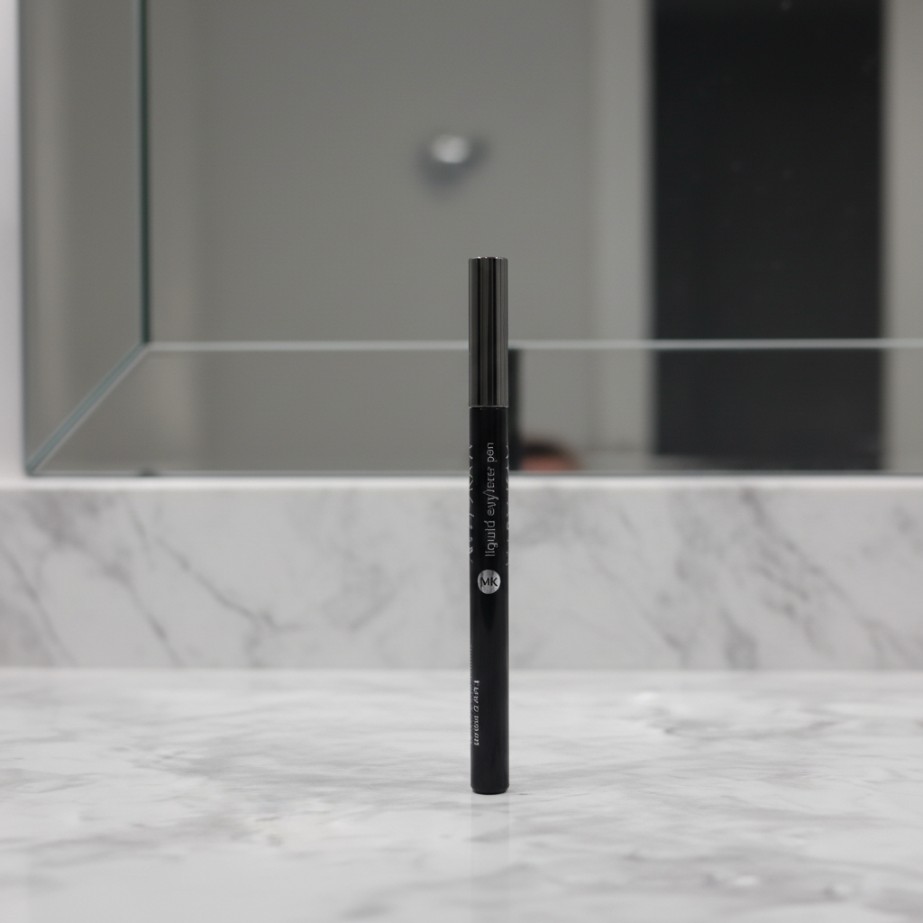 Mary Kay Liquid Eyeliner Pen in MK Black — sleek glossy black barrel with silver Mary Kay lettering standing upright on a white marble vanity with soft dramatic lighting and blurred mirror
