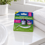 DenTek Temparin Max Advanced Repair Kit card on a white bathroom counter beside towels