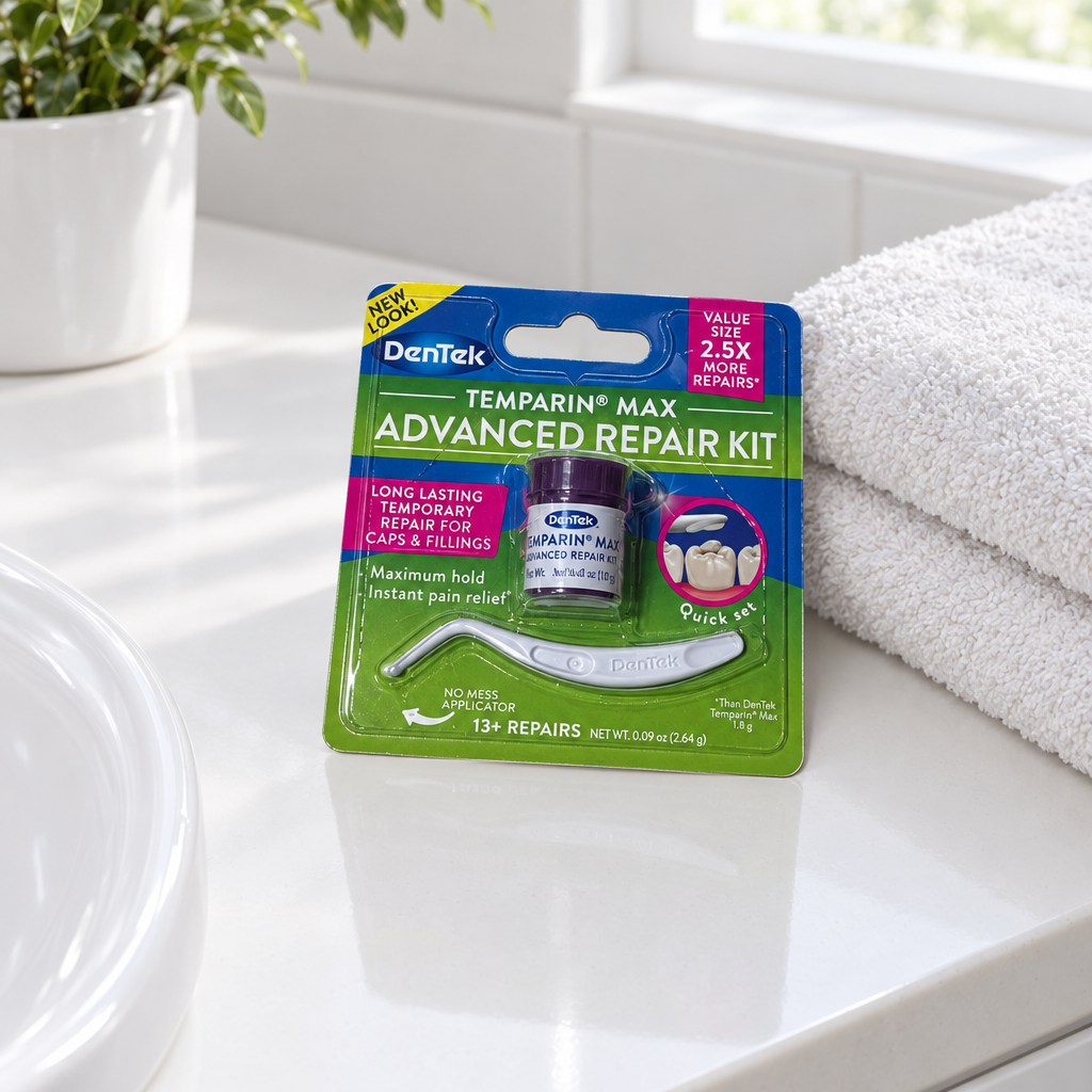 DenTek Temparin Max Advanced Repair Kit card on a white bathroom counter beside towels