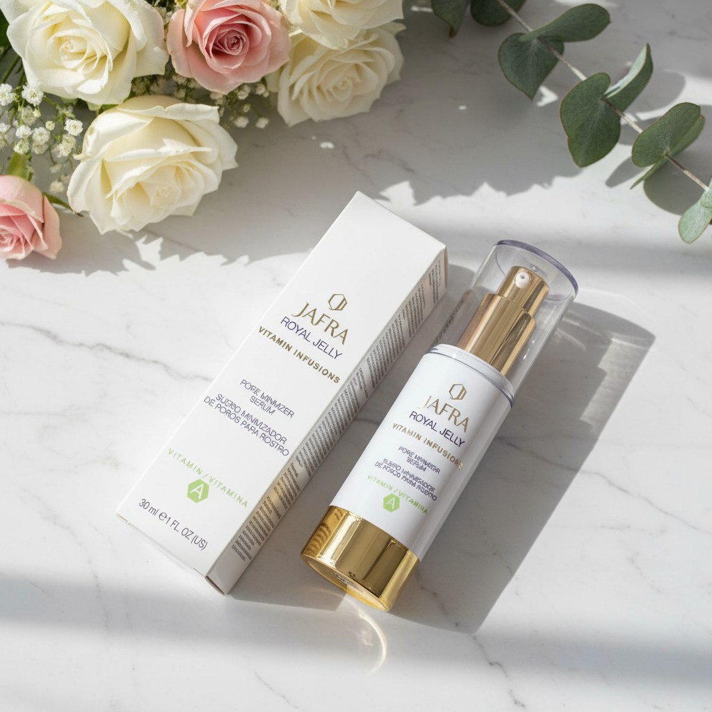 JAFRA Royal Jelly Pore Minimizer Serum on marble vanity with morning light – More4less Outlet