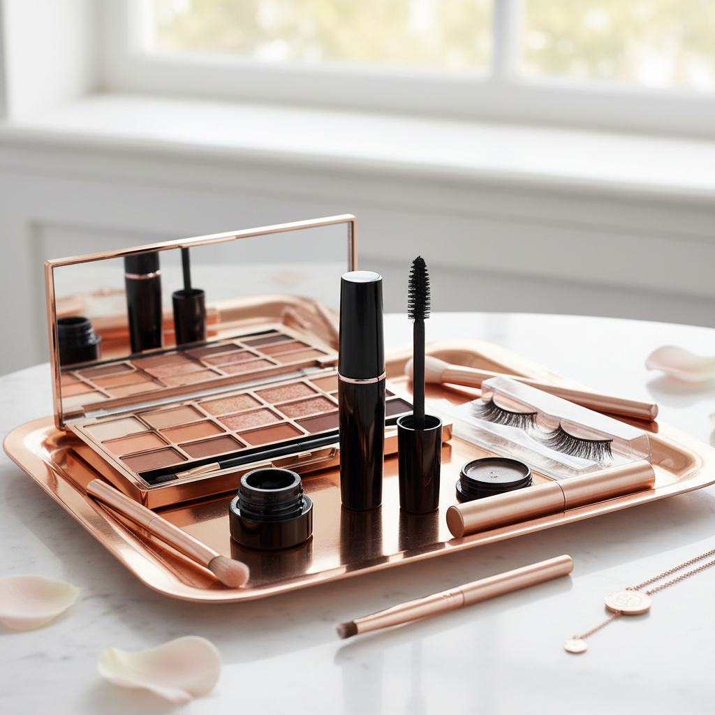 Elegant cosmetic setup on rose-gold vanity tray with glossy black mascara tube standing upright alongside premium eye makeup products