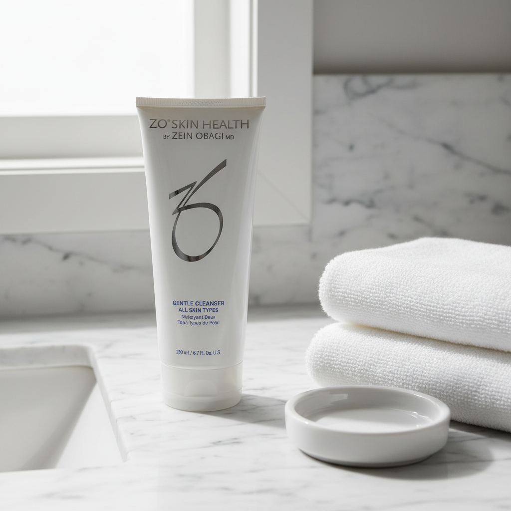 ZO Skin Health Gentle Cleanser 200mL tube on a white marble bathroom countertop with folded towel and soap dish