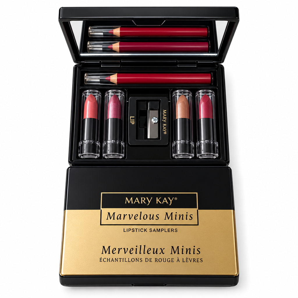 Open Mary Kay Marvelous Minis Cool lipstick compact set on a white studio background