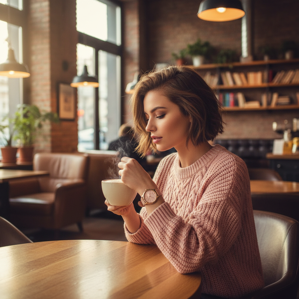Stylish young woman in pink knit sweater checking time on gold-tone pink wristwatch in coffee shop