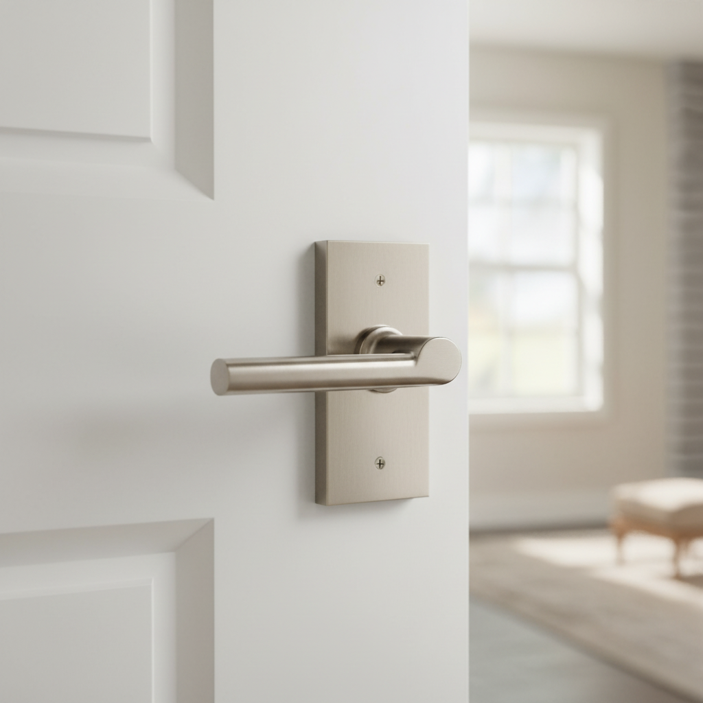 Macro shot of Baldwin Reserve contemporary half-dummy lever on white shaker-style door with soft morning window light