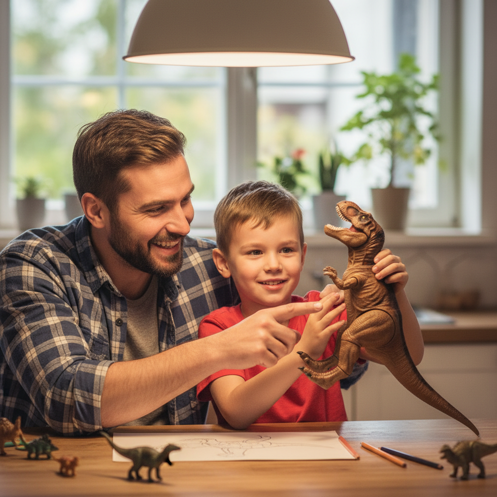 Dad and young son posing a dinosaur action figure together at the kitchen table