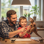 Dad and young son posing a dinosaur action figure together at the kitchen table