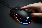 Hand pressing DPI button on Altec Lansing GM300 black gaming mouse with RGB underglow glowing on dark mousepad