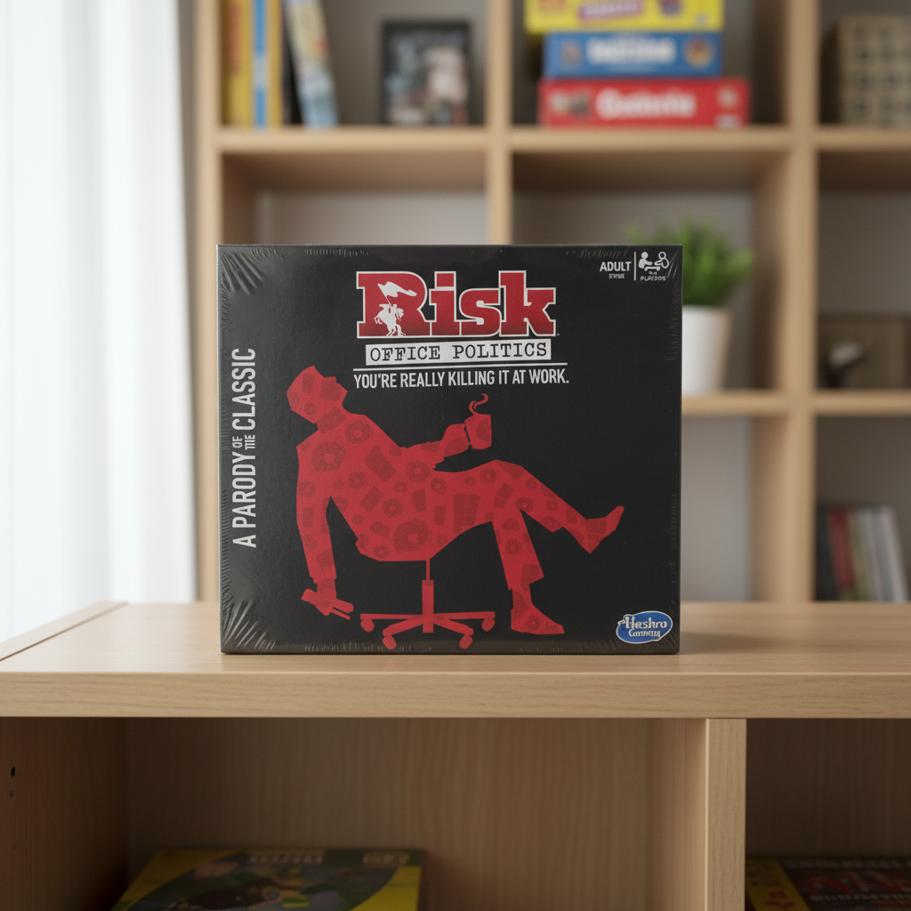 Risk Office Politics adult board game box on a game shelf
