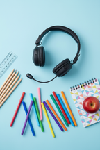 JLab JBuddies Learn headphones flat lay on blue background with pencils and colored markers