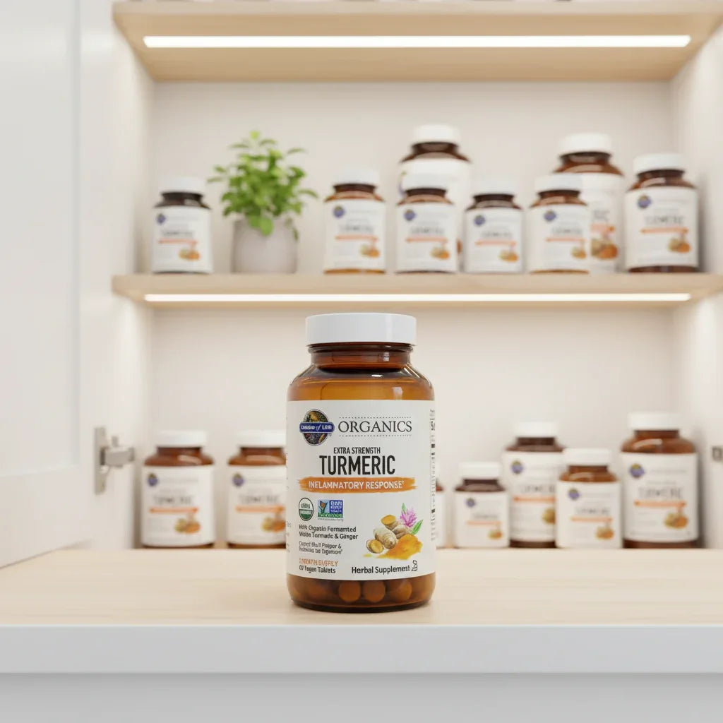 Garden of Life Extra Strength Turmeric amber bottle inside organized white cabinet pantry with soft recessed lighting and high-transparency supplement containers