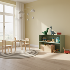 Dinosaur figures displayed on a wooden shelf in a child's bedroom with soft afternoon light