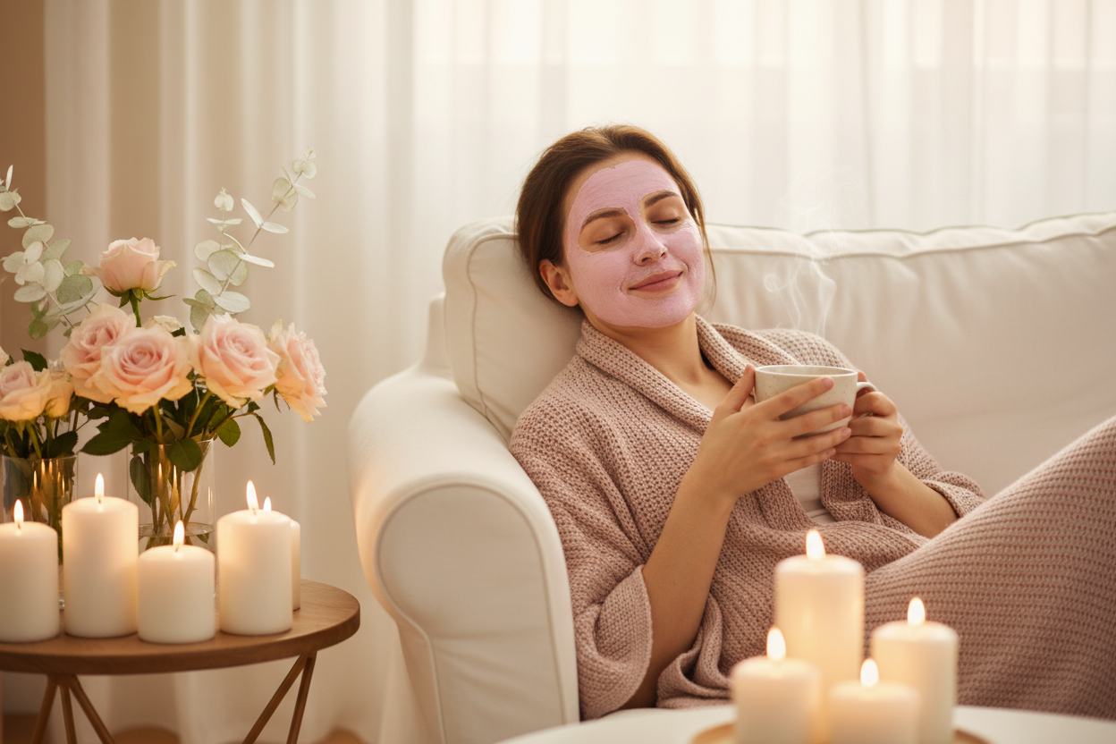 Woman with pink clay mask applied relaxing with herbal tea and candles - home spa skincare self-care lifestyle