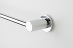 Close-up of Delta Ara polished chrome towel bar end bracket — high-shine corrosion-resistant finish detail