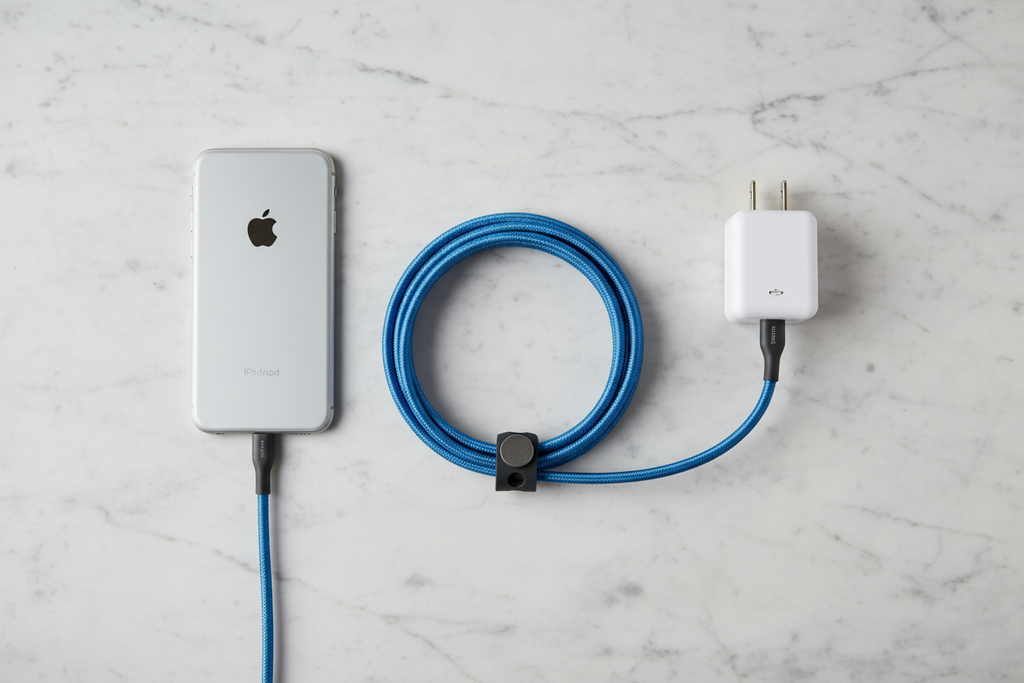 Belkin BoostCharge Pro Flex blue Lightning cable flat lay on marble with magnetic management strap, iPhone, and USB-A charger — More4less Outlet