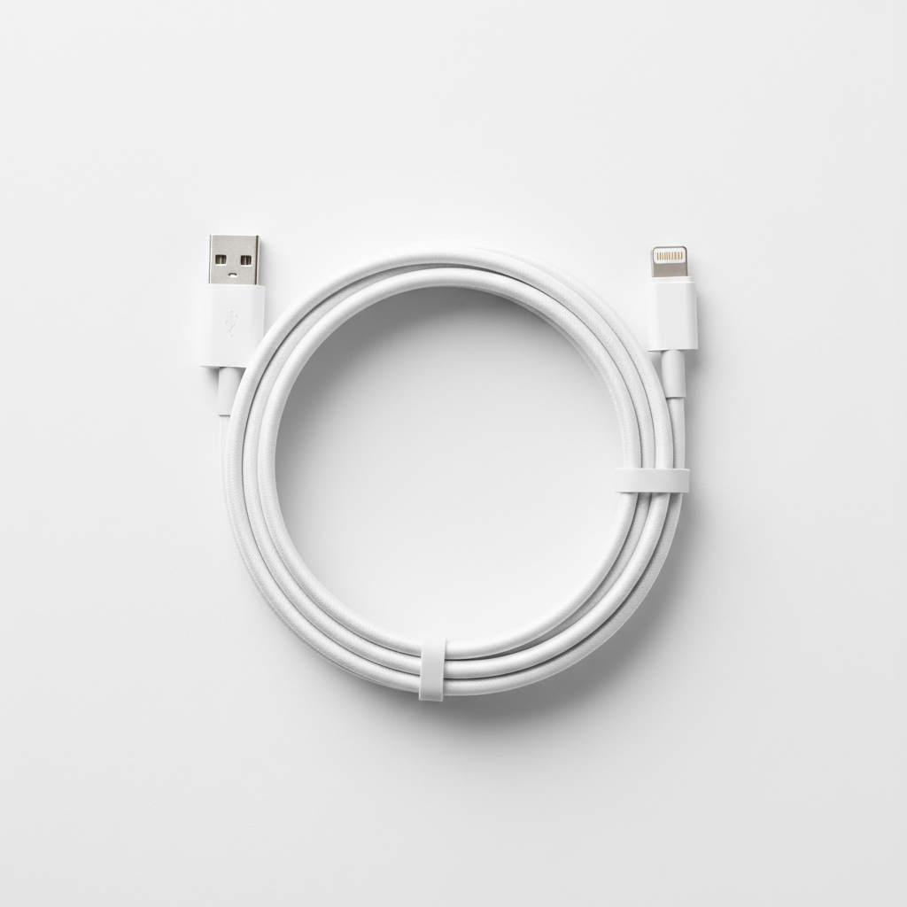 Case Logic 10ft USB-C to Lightning white cable neatly coiled flat lay on white surface — More4less Outlet