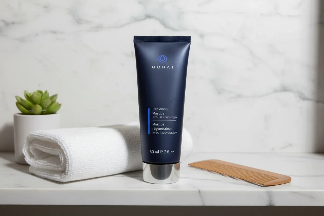 MONAT Replenish Masque on marble bathroom shelf with comb and towel lifestyle