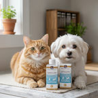 Nordic Naturals Omega-3 Pet supplement bottles on kitchen counter with happy cat and small dog, pet health lifestyle