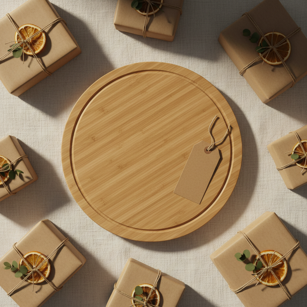 Bamboo board gift flat lay with kraft paper, eucalyptus, dried orange slices and gift tag on cream linen