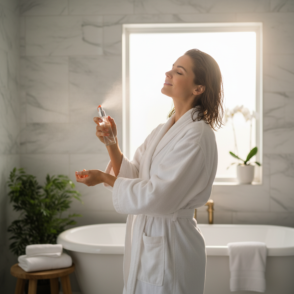Lifestyle image - woman in white robe misting arms with body spray in bright airy bathroom, post-shower lifestyle editorial for visual context only