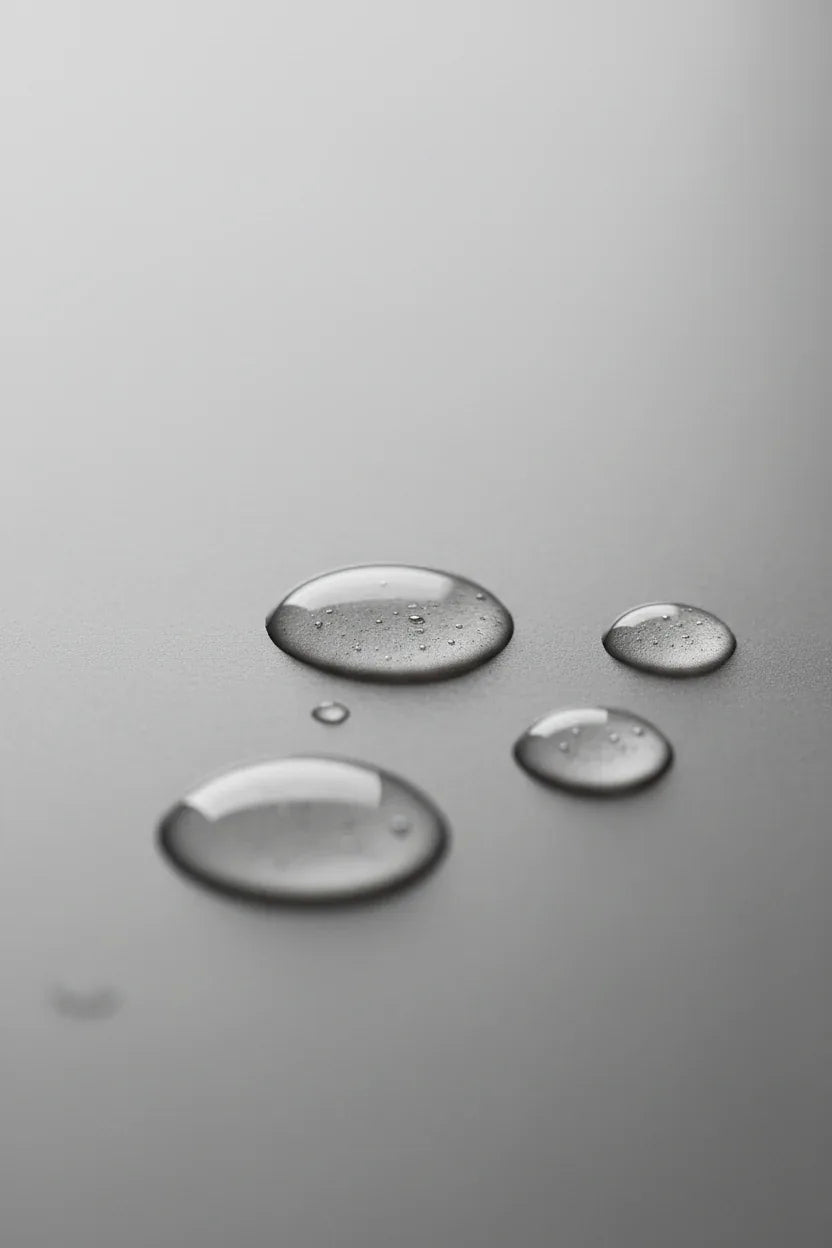 Minimalist clear hydration serum droplets on a smooth grey stone background in soft diffused lighting